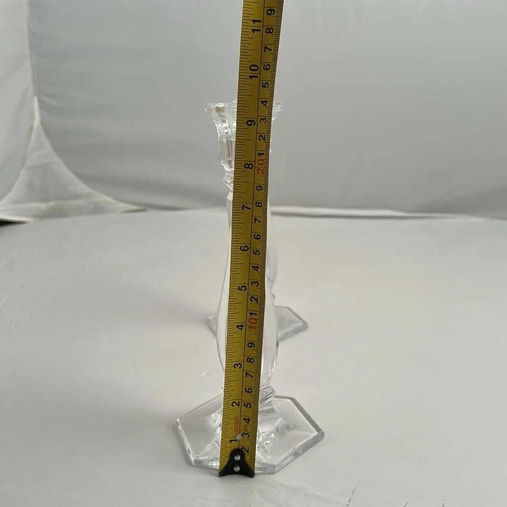 Tiffany and Co Richmond clear crystal etched logo hexagon base candle sticks